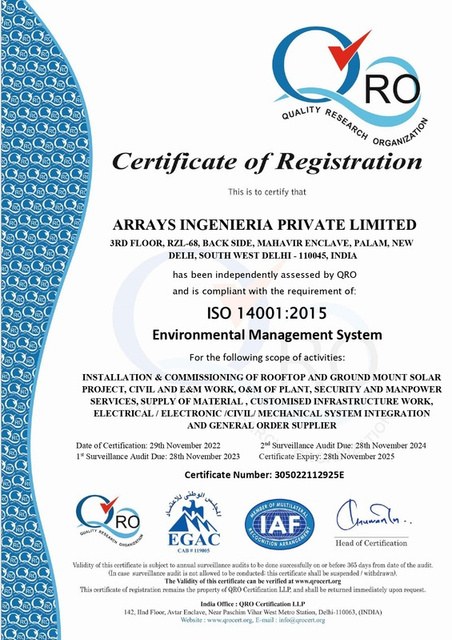 ISO 14001:2015 environmental management certificate of Arrays Ingenieria Pvt. Ltd.