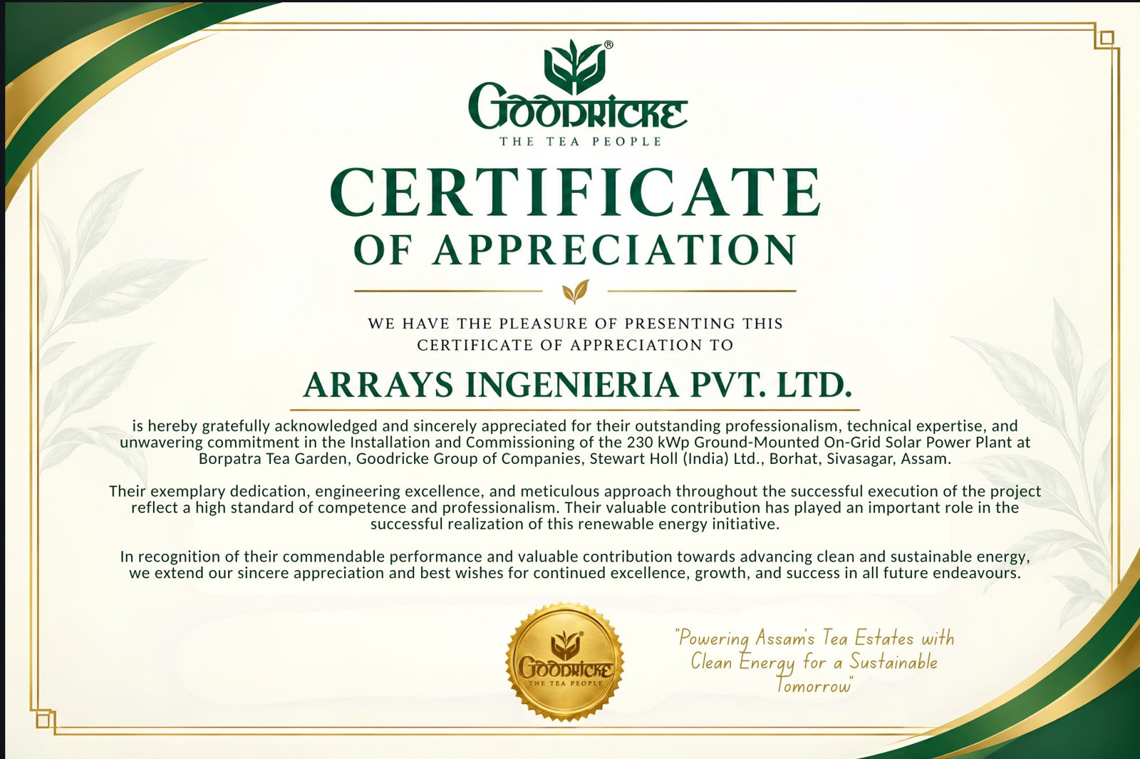 Goodricke certificate of appreciation to Arrays Ingenieria for the 230 kWp Borpatra Tea Garden solar plant