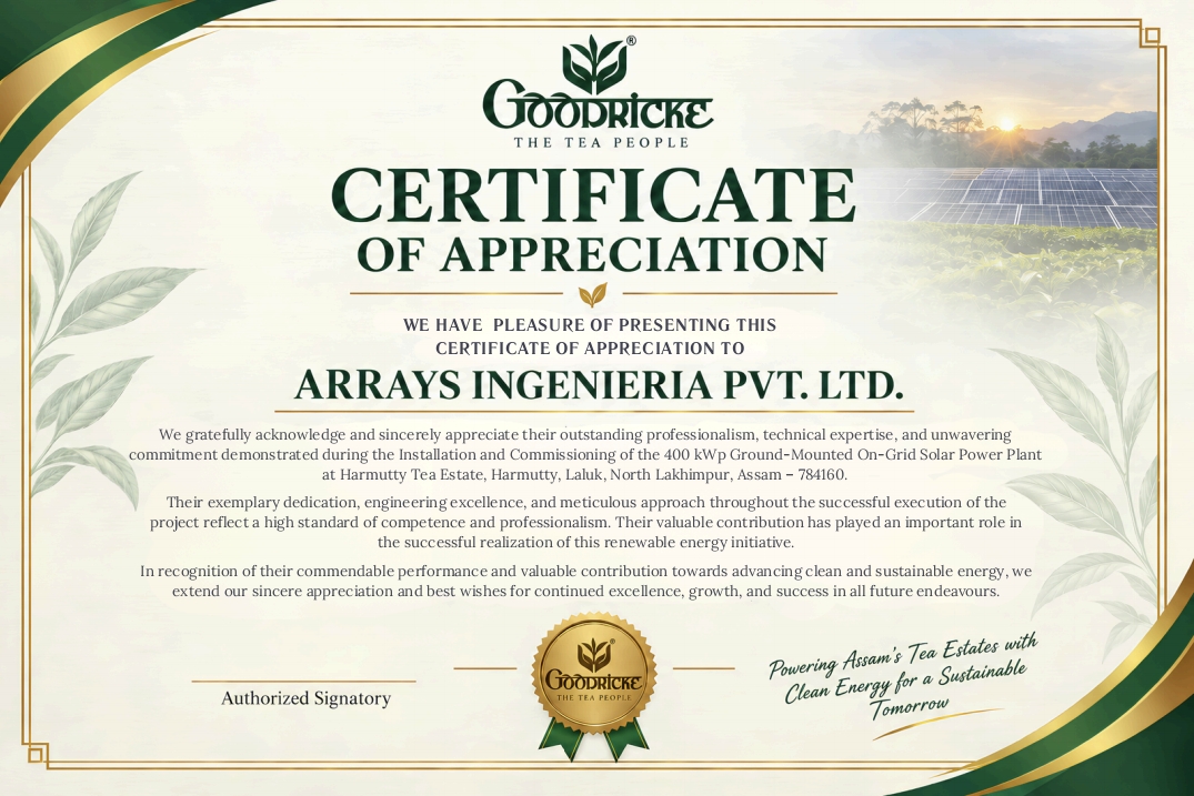Goodricke certificate of appreciation to Arrays Ingenieria for the 400 kWp Harmutty Tea Estate solar plant