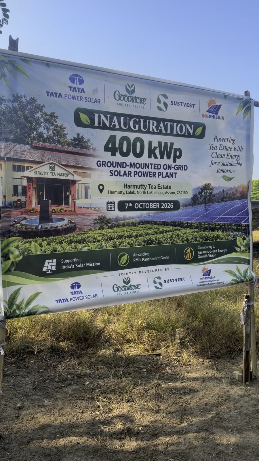 Inauguration banner of the 400 kWp ground-mounted on-grid solar plant at Harmutty Tea Estate, 7 October 2026: Tata Power Solar, Goodricke, Sustvest and Ingenieria (installation & commissioning)