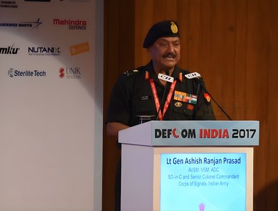 Lt. Gen. A.R. Prasad (Retd) of Ingenieria delivering the keynote at DEFCOM India
